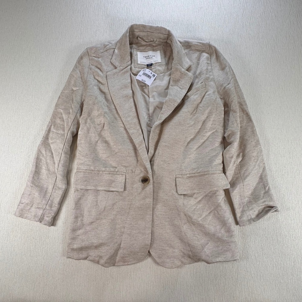 American Eagle Women XS Oatmeal Linen Blen Blazer NEW Preppy Office, Coastal